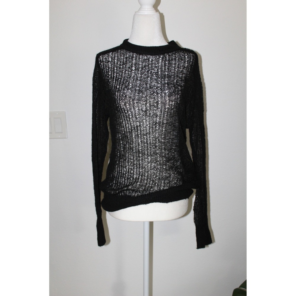 Zara Black Open Knit Sheer Crew Neck Pullover Sweater Womens Medium